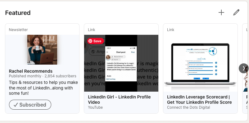 This is a screenshot that shows where LinkedIn newsletters can be added to Featured section